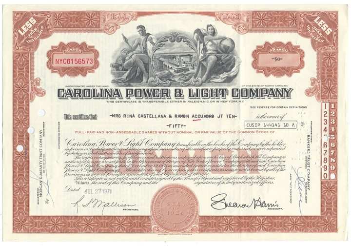 Carolina Power & Light Company Stock Certificate