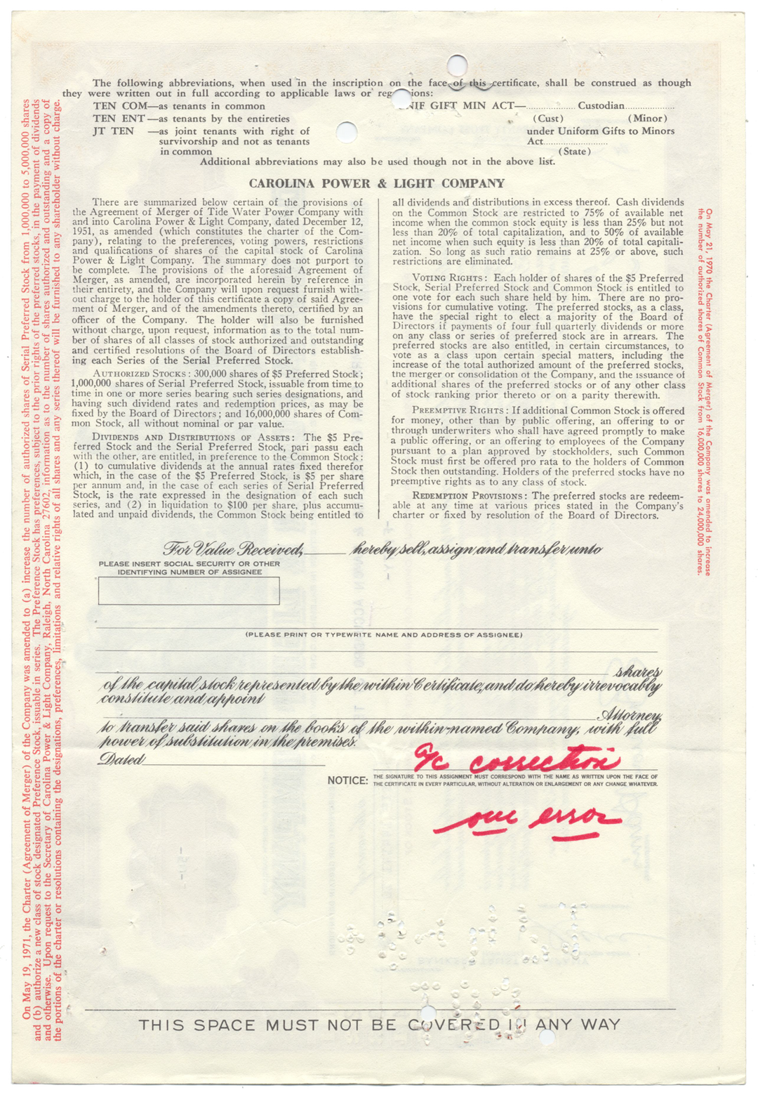 Carolina Power & Light Company Stock Certificate