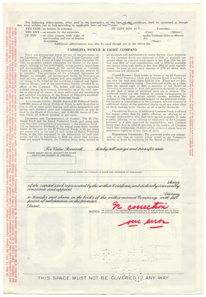 Carolina Power & Light Company Stock Certificate