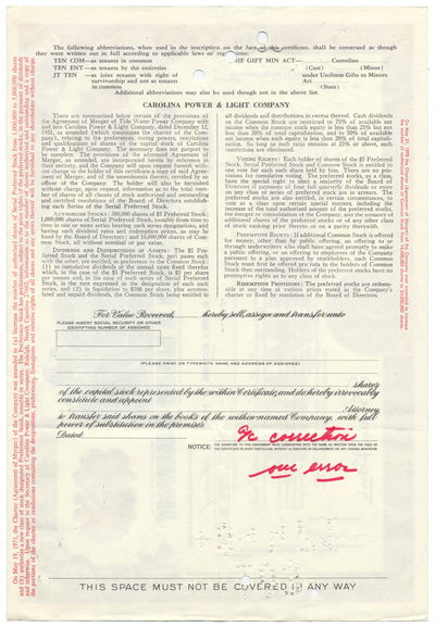 Carolina Power & Light Company Stock Certificate