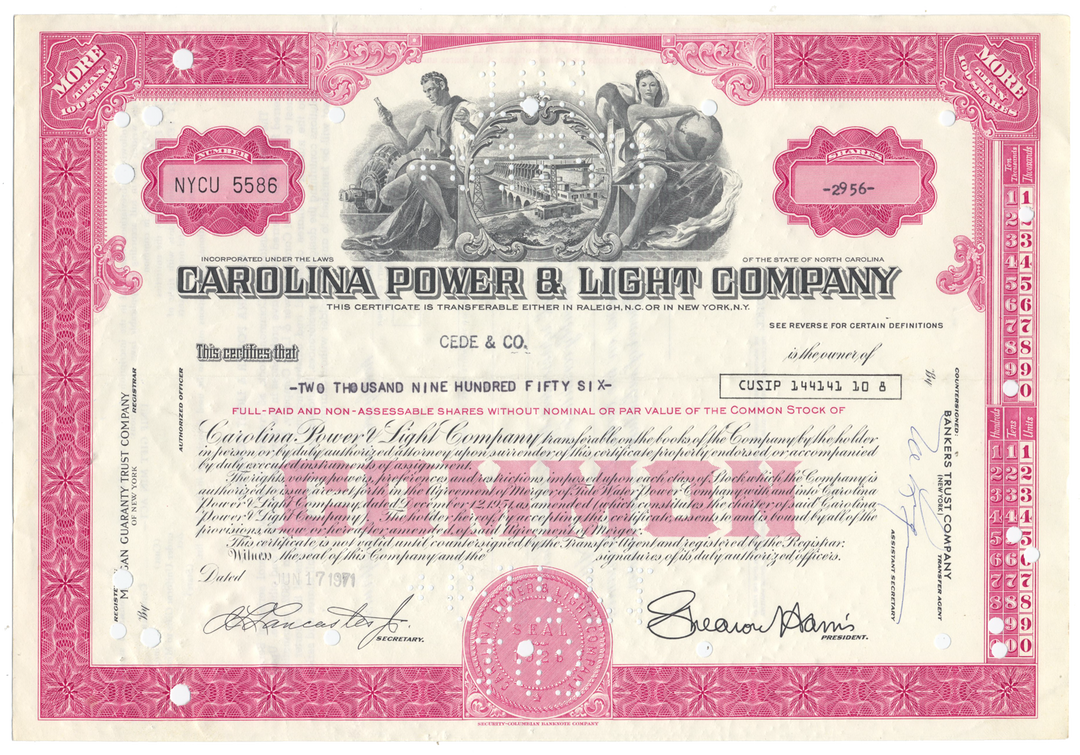 Carolina Power & Light Company Stock Certificate