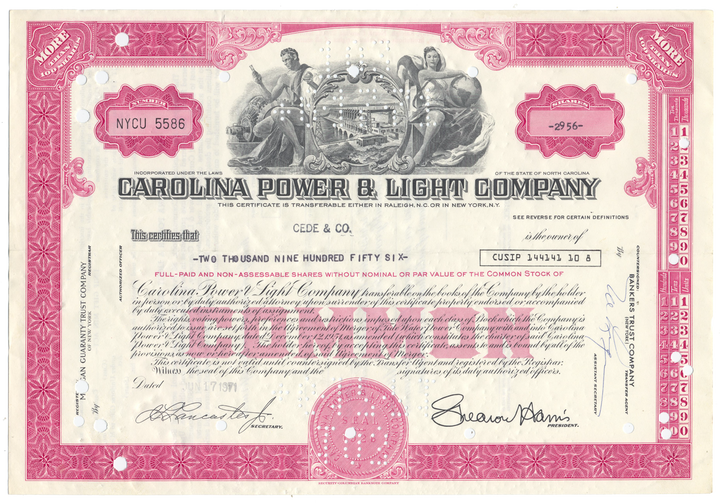 Carolina Power & Light Company Stock Certificate