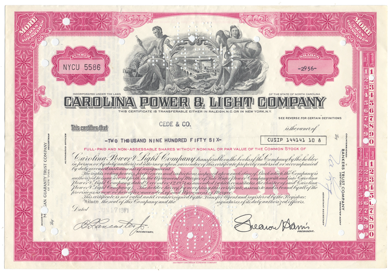 Carolina Power & Light Company Stock Certificate