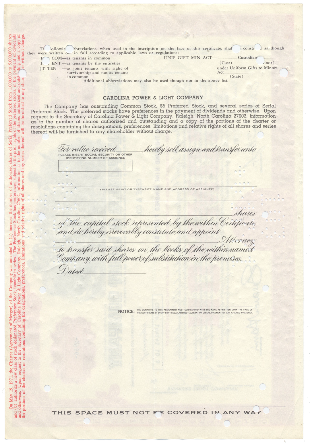 Carolina Power & Light Company Stock Certificate