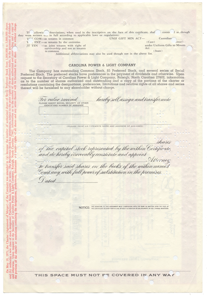 Carolina Power & Light Company Stock Certificate