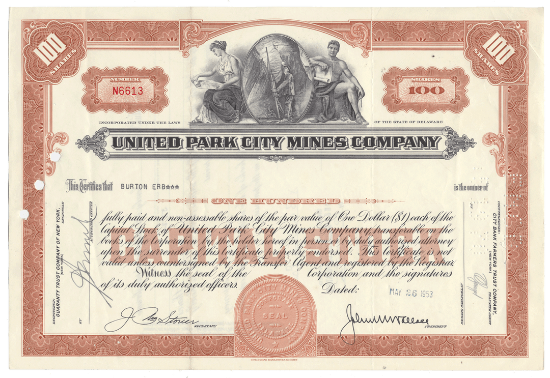 United Park City Mines Company stock certificate from 1953