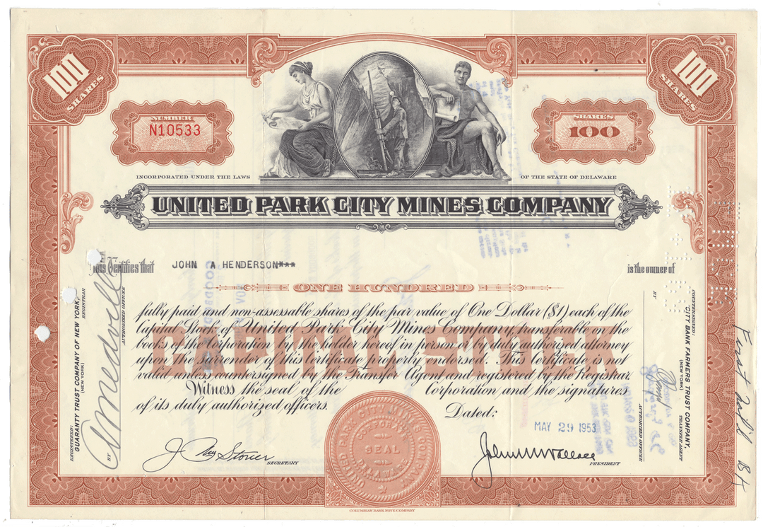 United Park City Mines Company stock certificate from 1953