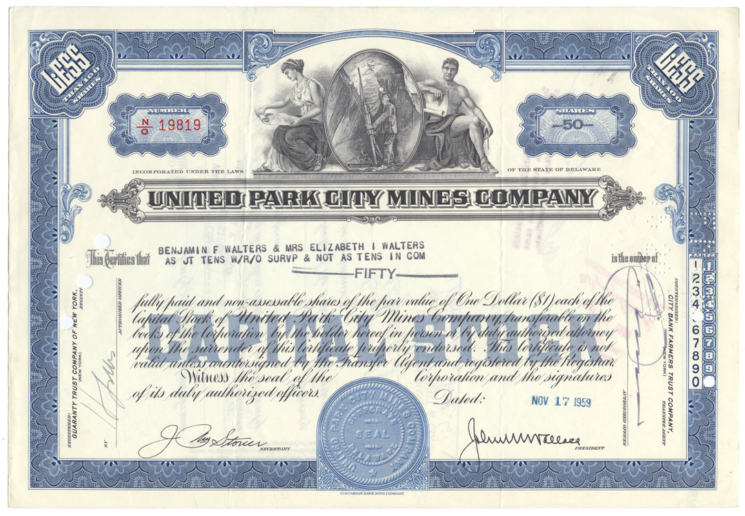 United Park City Mines Company Stock Certificate