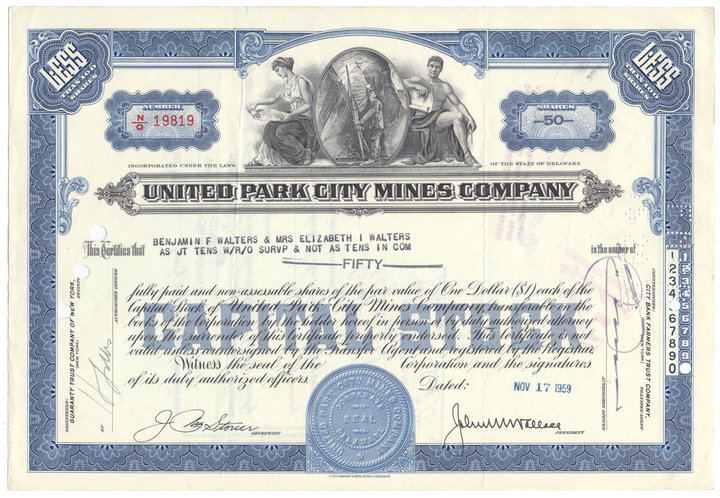 United Park City Mines Company Stock Certificate