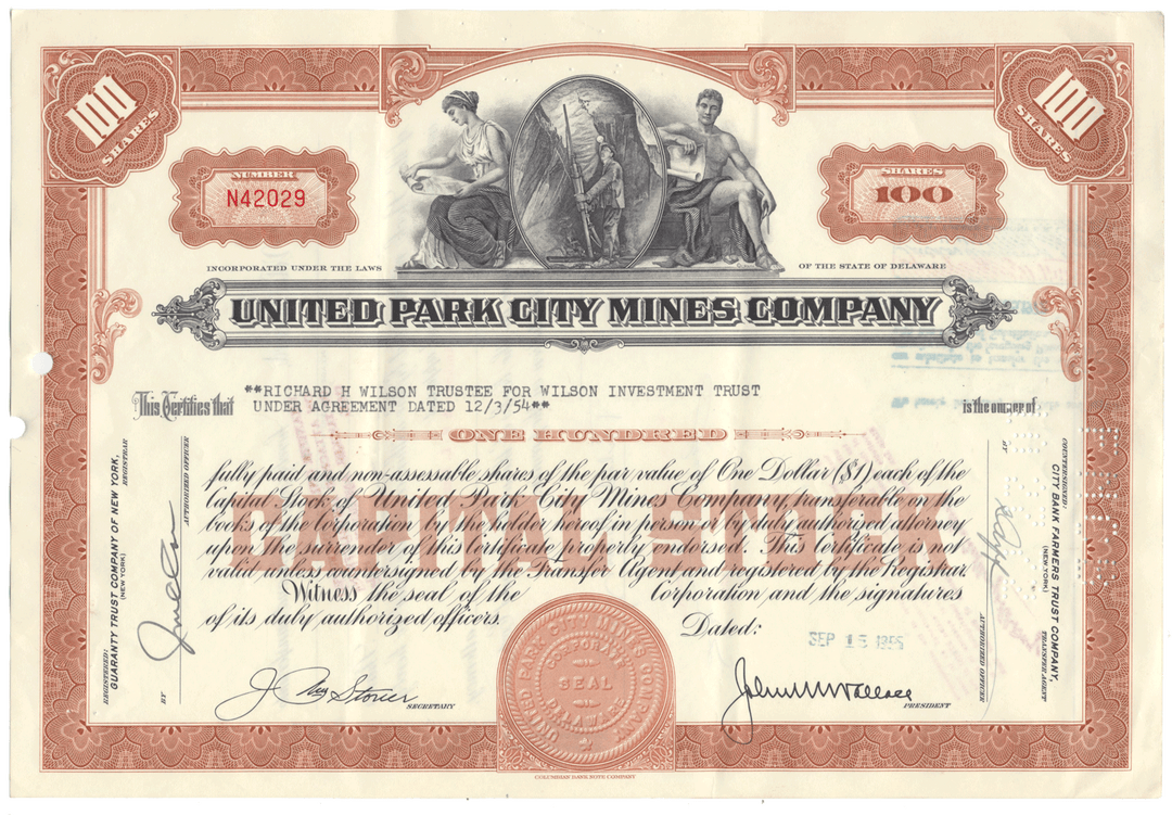 United Park City Mines Company Stock Certificate