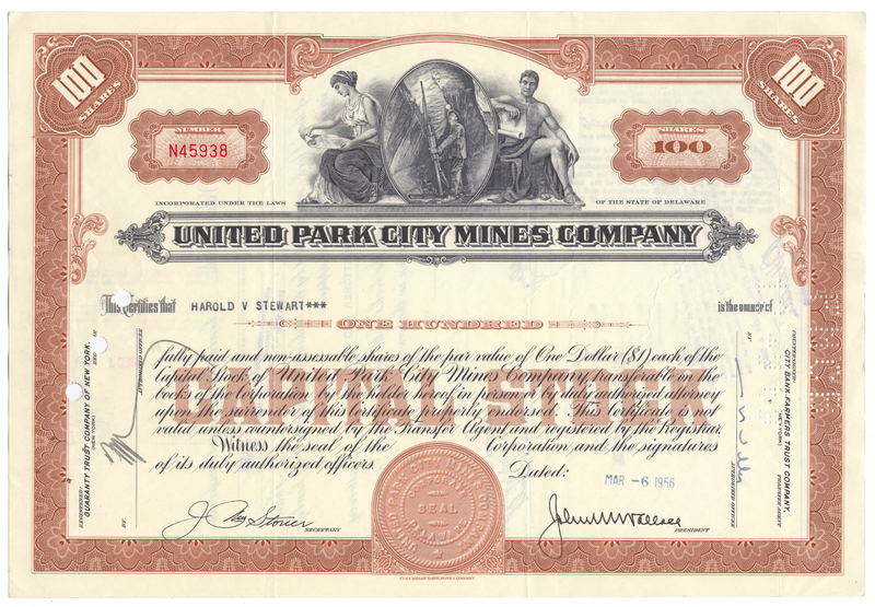 United Park City Mines Company Stock Certificate