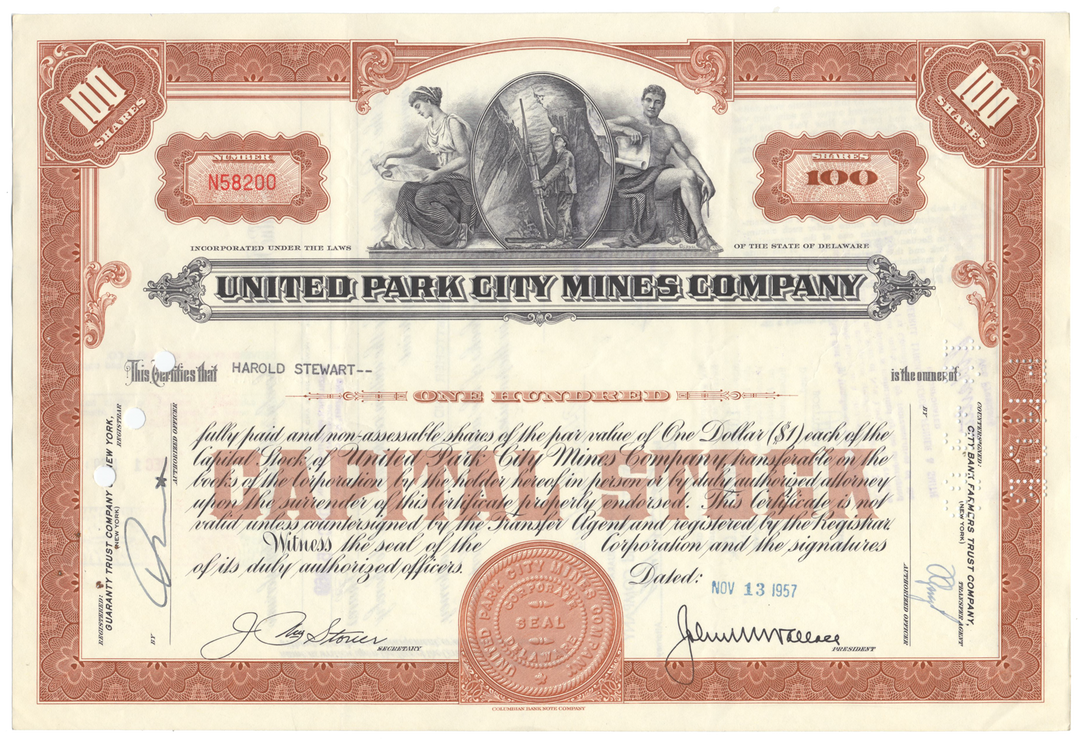 United Park City Mines Company Stock Certificate