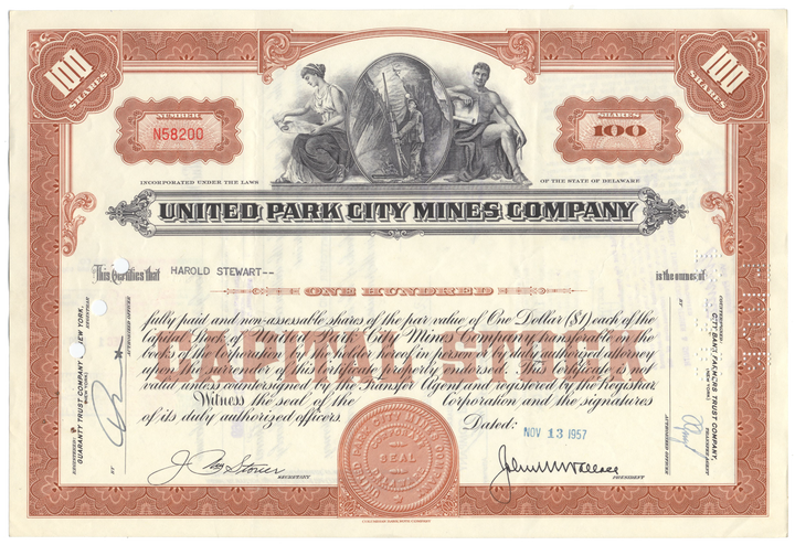 United Park City Mines Company Stock Certificate