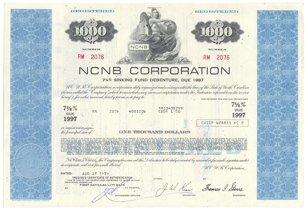NCNB Corporation Bond Certificate