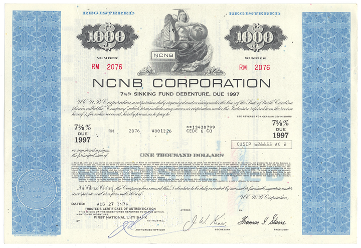 NCNB Corporation Bond Certificate