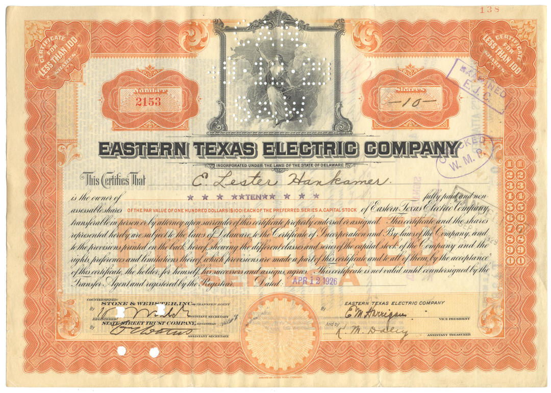 Eastern Texas Electric Company Stock Certificate