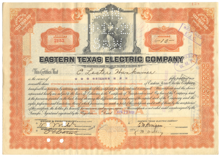 Eastern Texas Electric Company Stock Certificate