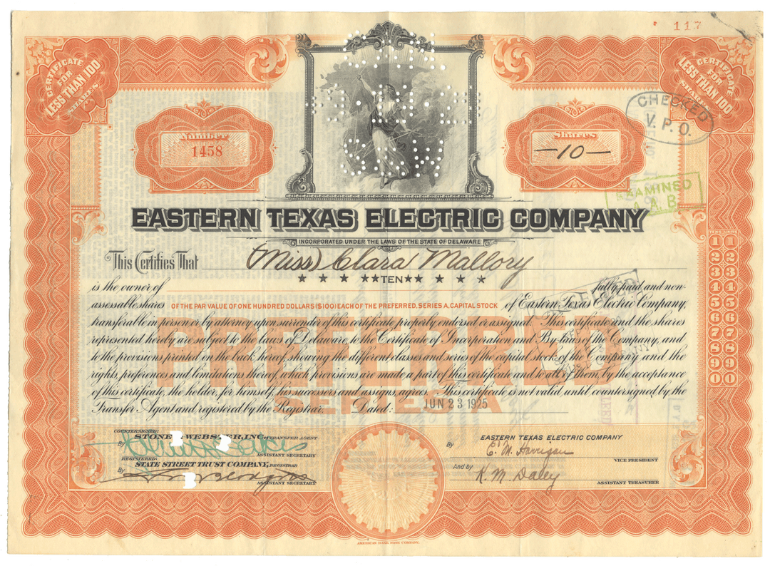 Eastern Texas Electric Company Stock Certificate