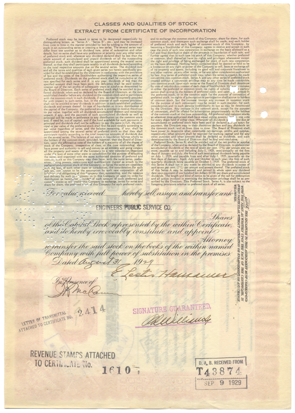 Eastern Texas Electric Company Stock Certificate