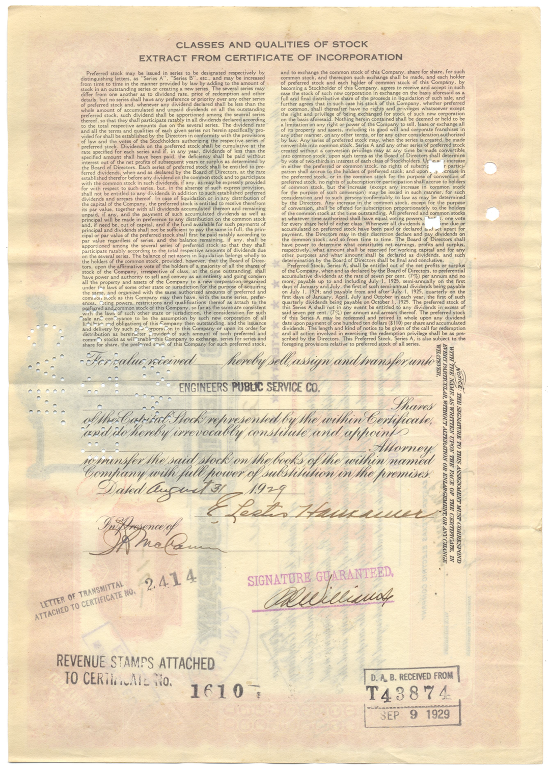 Eastern Texas Electric Company Stock Certificate