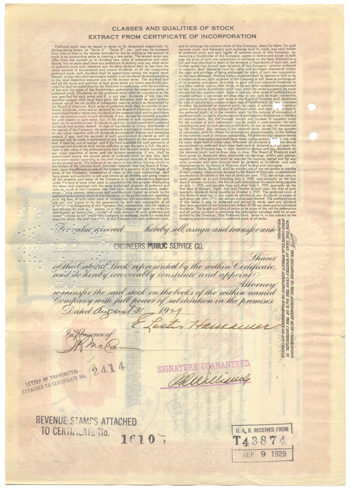 Eastern Texas Electric Company Stock Certificate