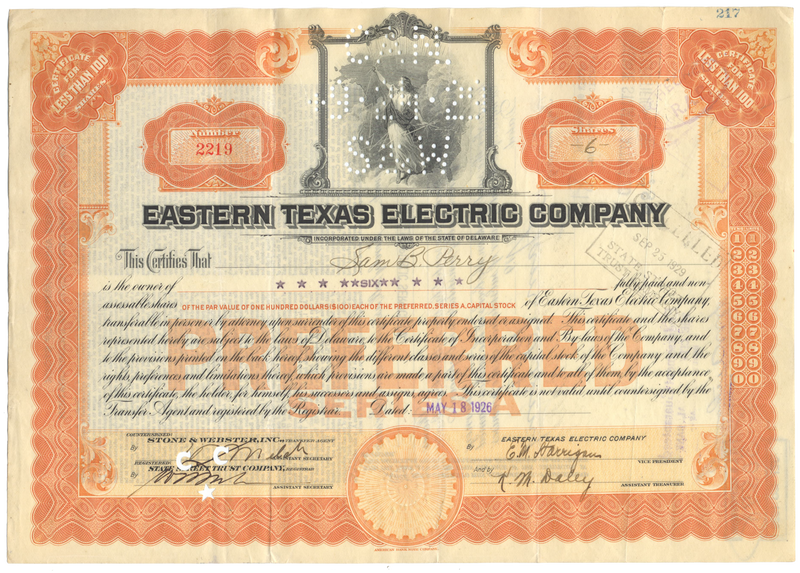 Eastern Texas Electric Company Stock Certificate