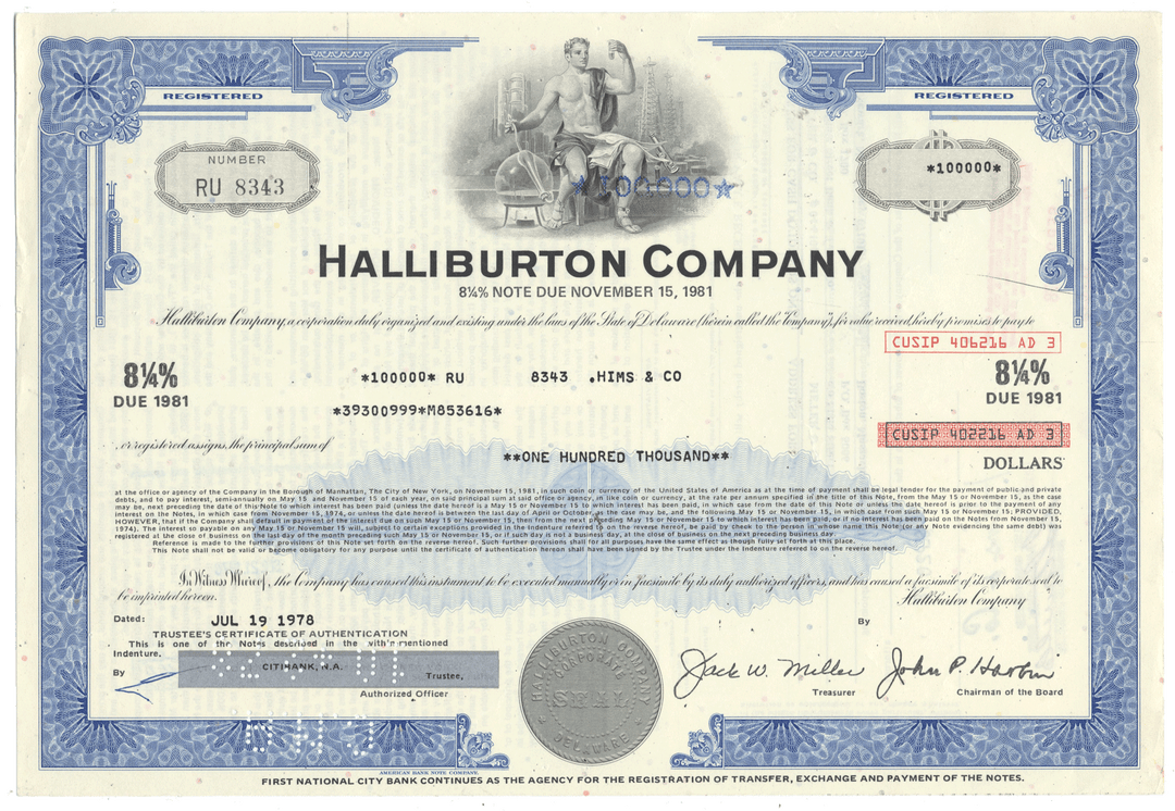 Halliburton Company bond certificate from 1978 with blue and white design.