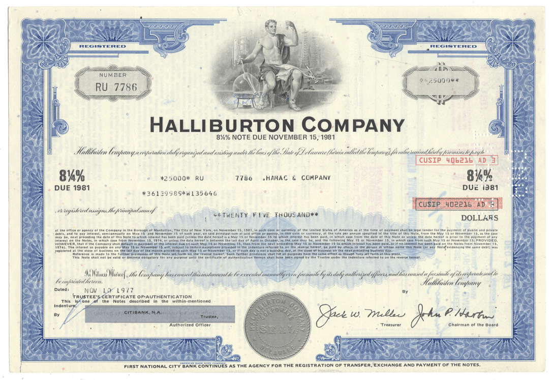 A vintage financial bond certificate from Halliburton Company from 1977