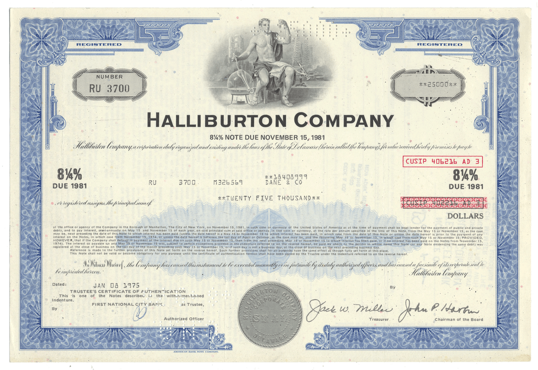 Halliburton Company bond certificate from 1975