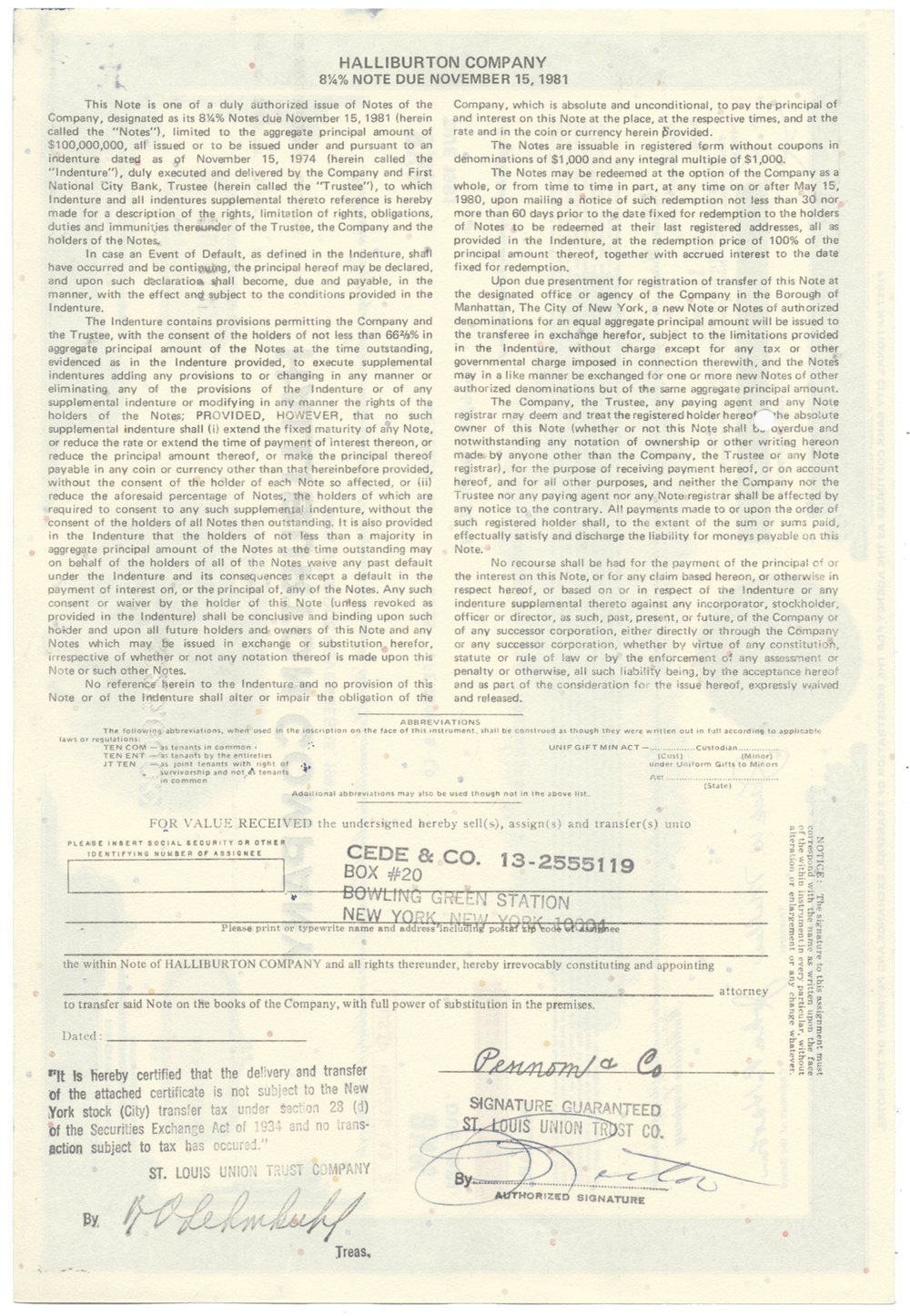 Halliburton Company Bond Certificate