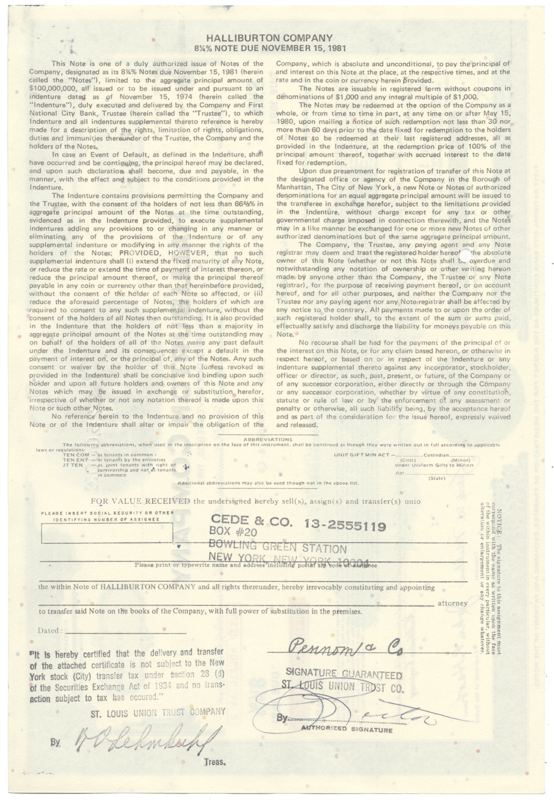 Halliburton Company Bond Certificate