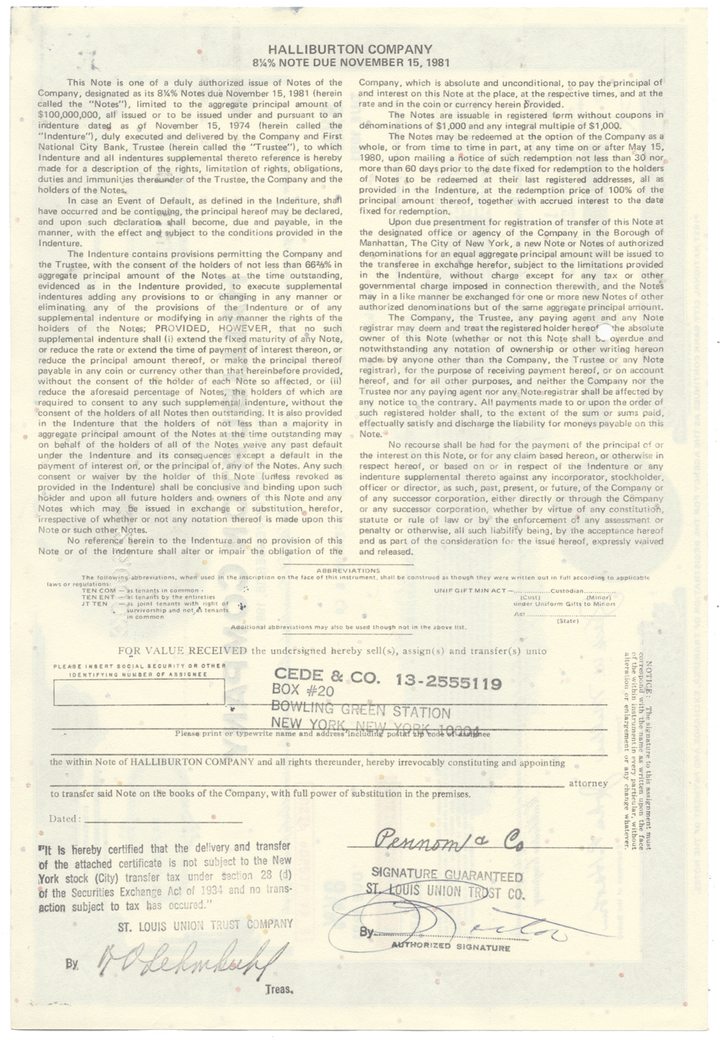 Halliburton Company Bond Certificate