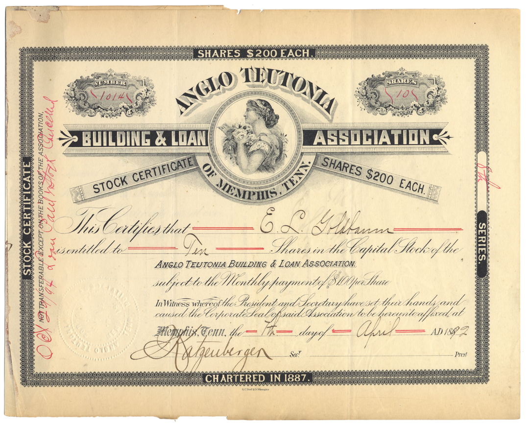 Anglo Teutonia Building & Loan Assocation of Memphis, Tenn. Stock Certificate