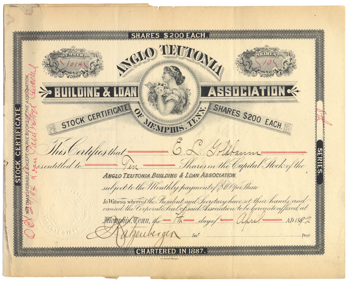 Anglo Teutonia Building & Loan Assocation of Memphis, Tenn. Stock Certificate