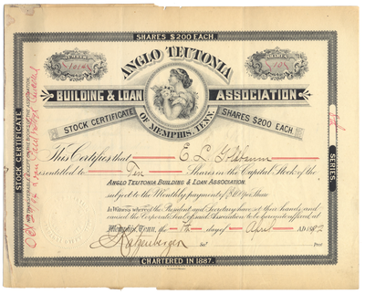 Anglo Teutonia Building & Loan Assocation of Memphis, Tenn. Stock Certificate