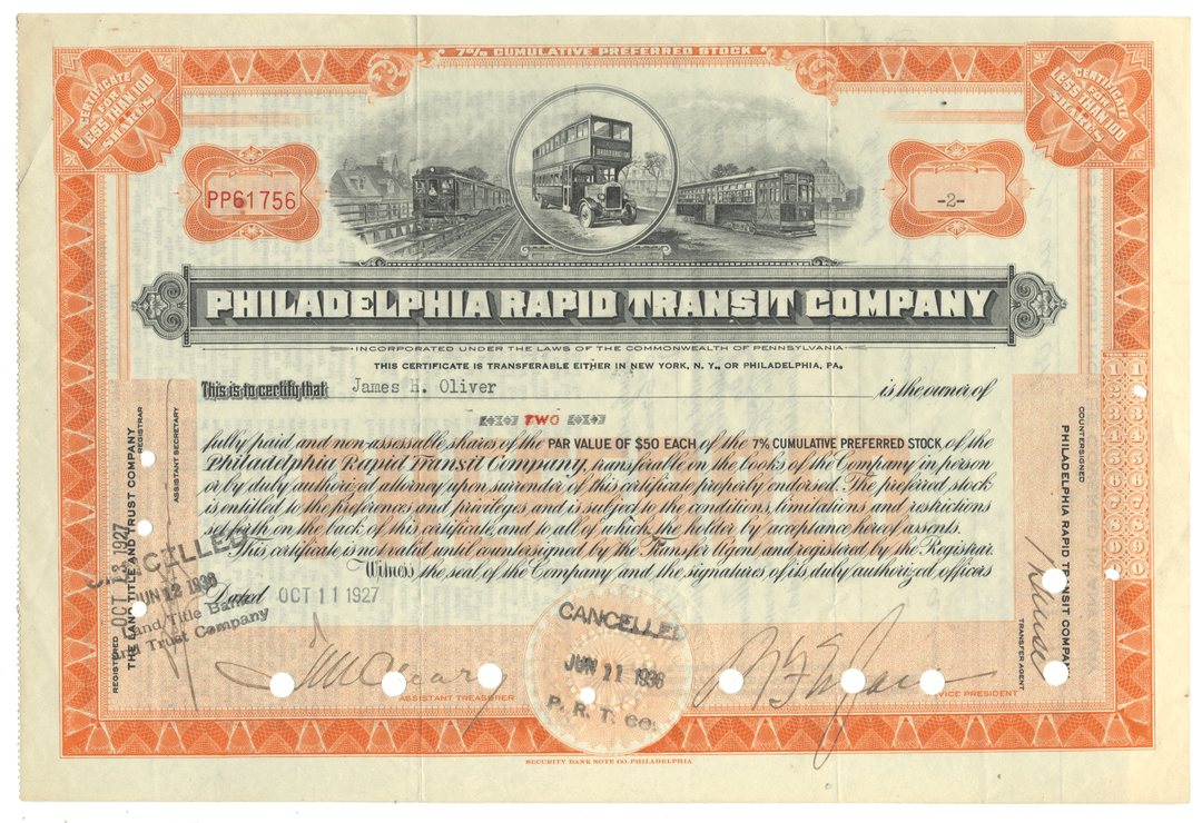 Philadelphia Rapid Transit Company stock certificate from 1927