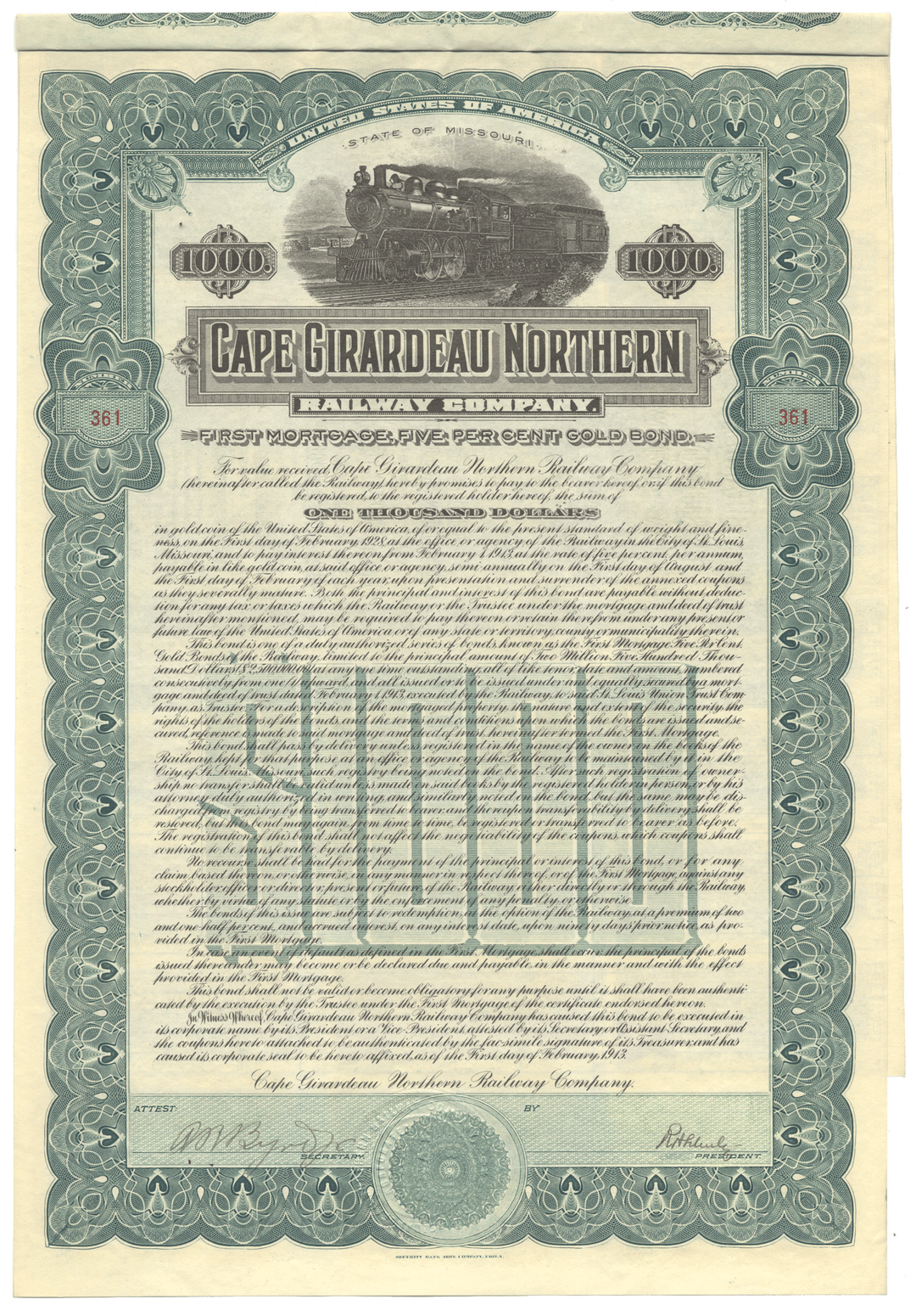 Cape Girardeau Northern Railway Company bond certificate from 1913