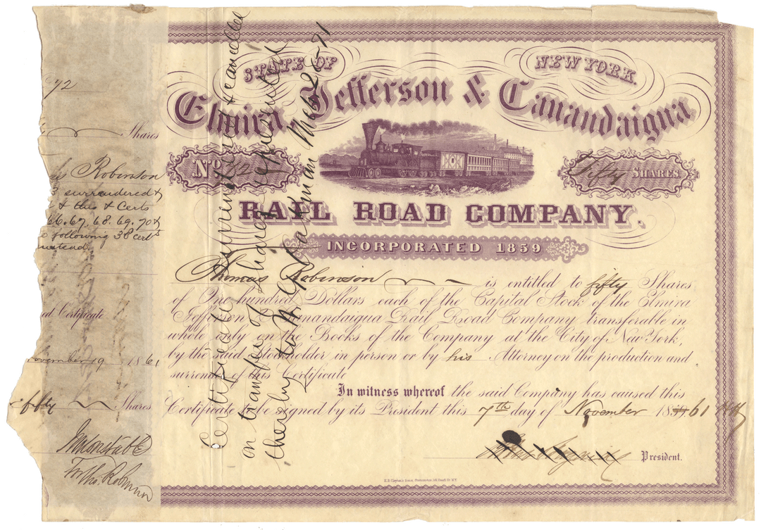 Elmira, Jefferson & Canandaigua Rail Road Stock Certificate