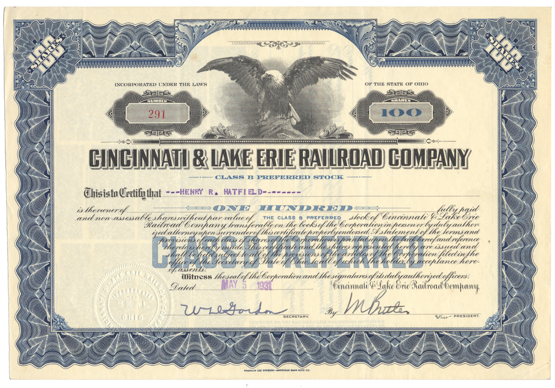 Cincinnati & Lake Erie Railroad Company Stock Certificate