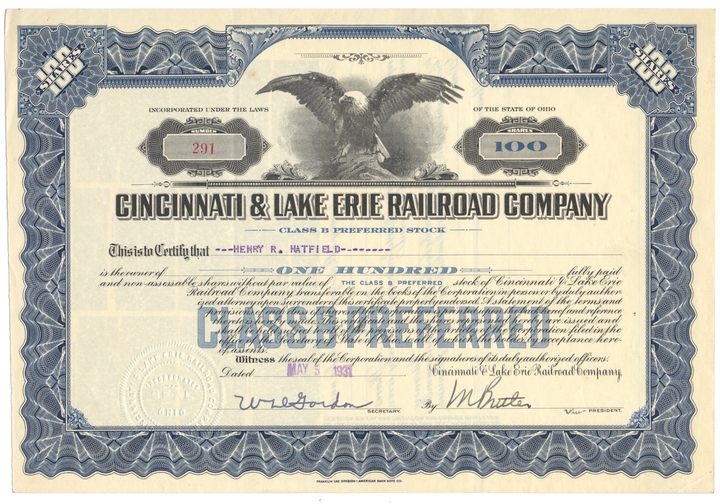 Cincinnati & Lake Erie Railroad Company Stock Certificate