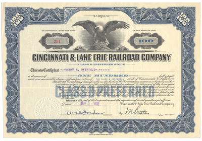 Cincinnati & Lake Erie Railroad Company Stock Certificate