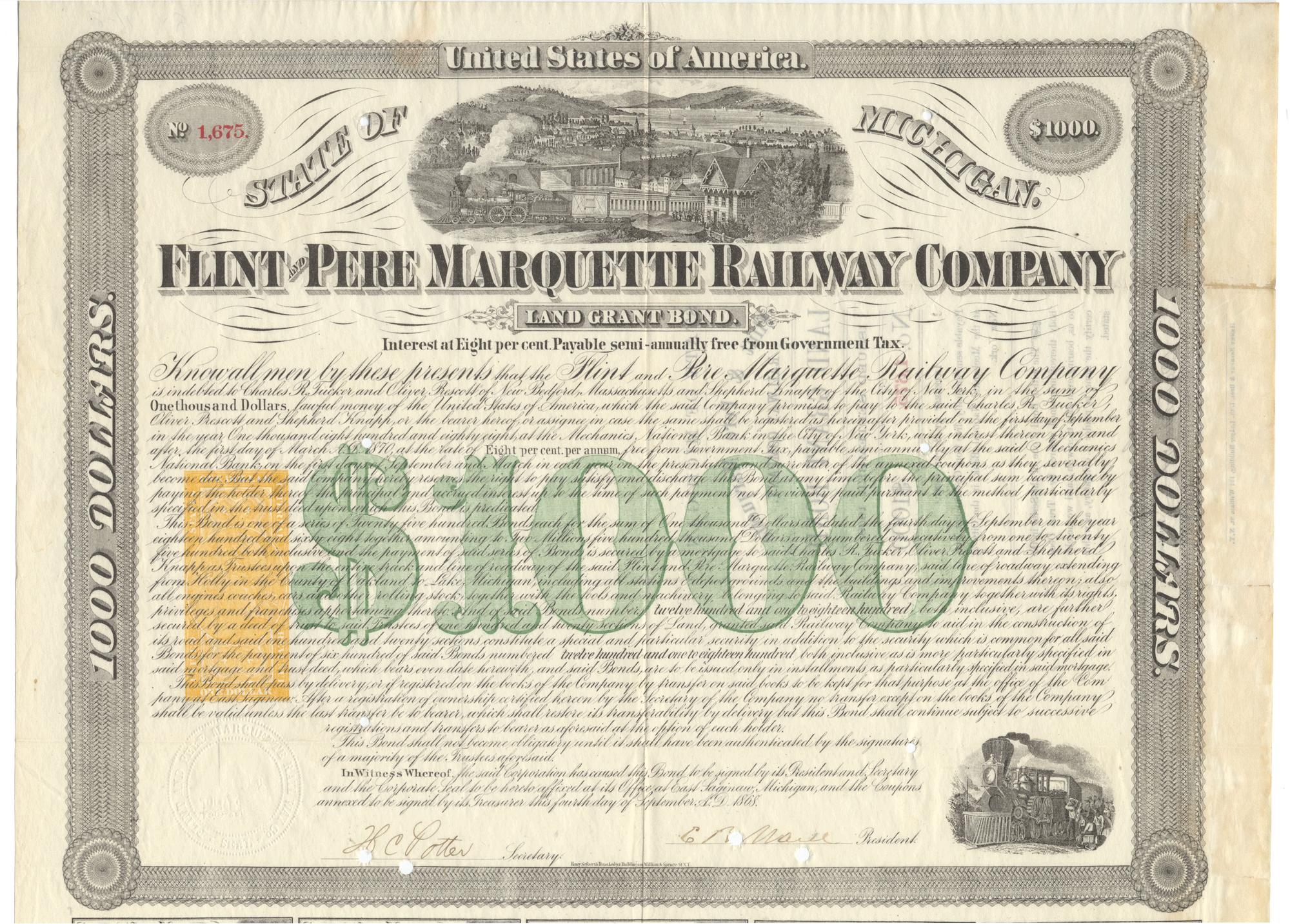Flint & Pere Marquette Railway Company bond certificate from 1868