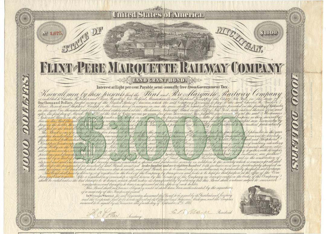 Flint & Pere Marquette Railway Company bond certificate from 1868