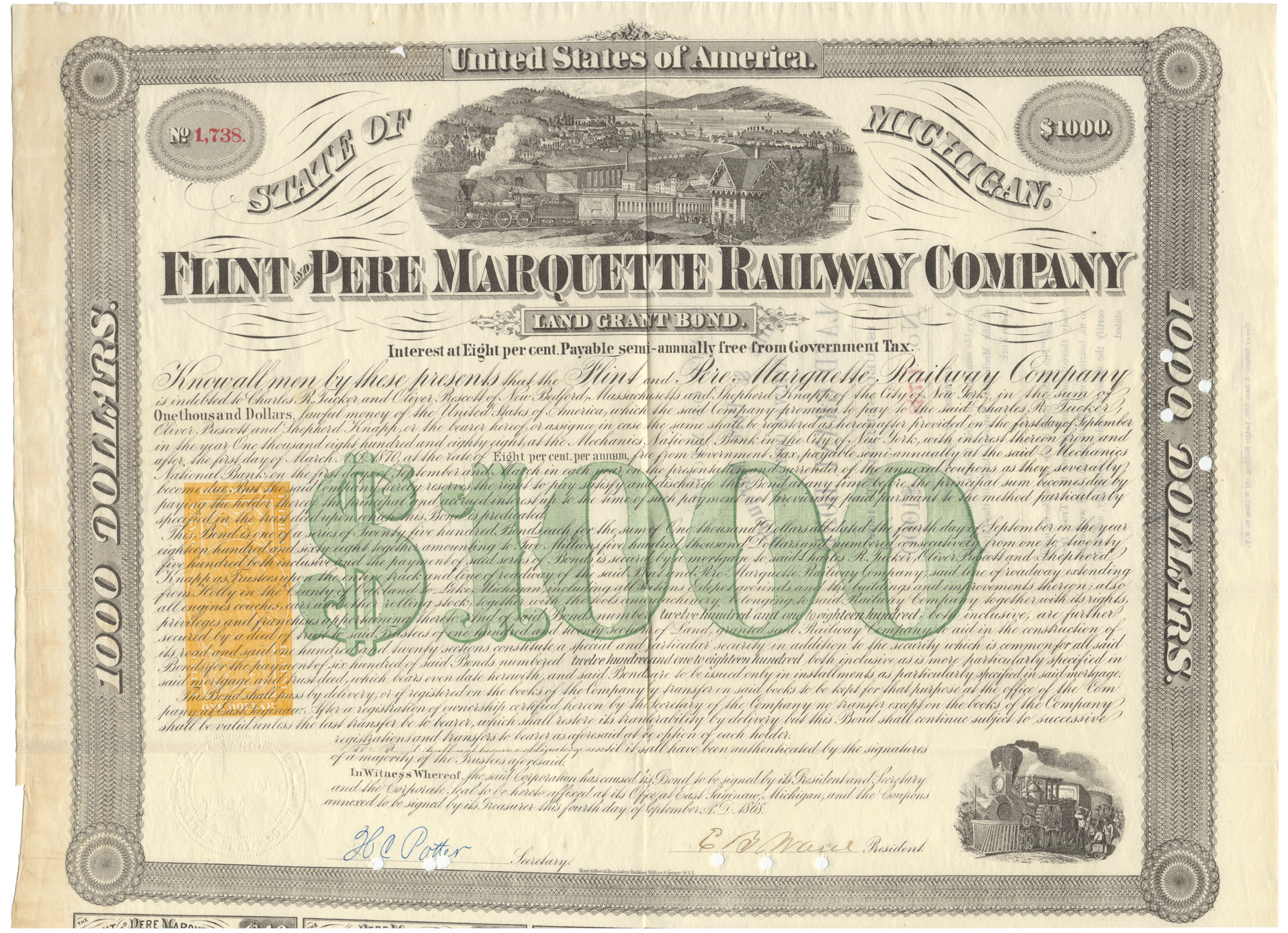 Flint & Pere Marquette Railway Company bond certificate from 1868
