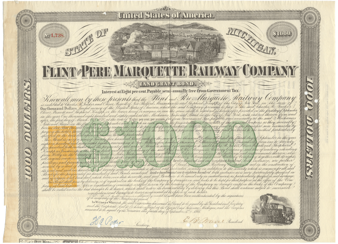 Flint & Pere Marquette Railway Company bond certificate from 1868