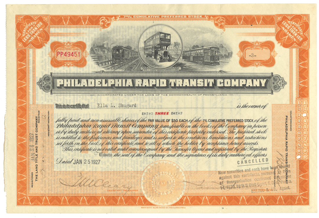 Philadelphia Rapid Transit Company stock certificate from 1927