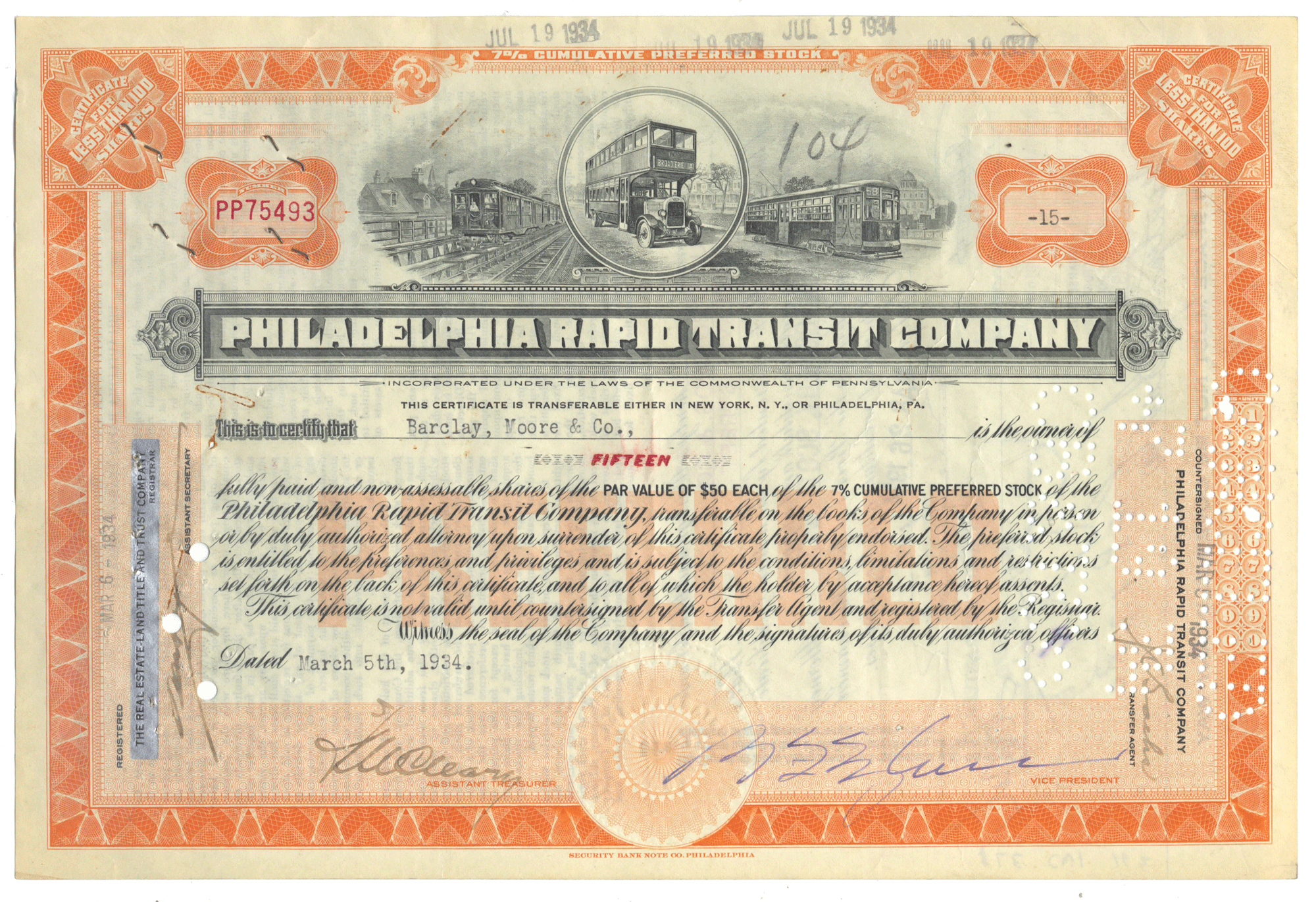 Philadelphia Rapid Transit Company stock certificate with train and bus illustrations from 1934