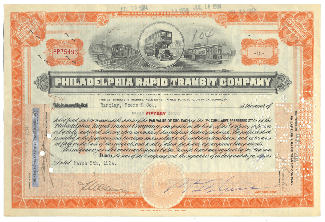 Philadelphia Rapid Transit Company stock certificate with train and bus illustrations from 1934