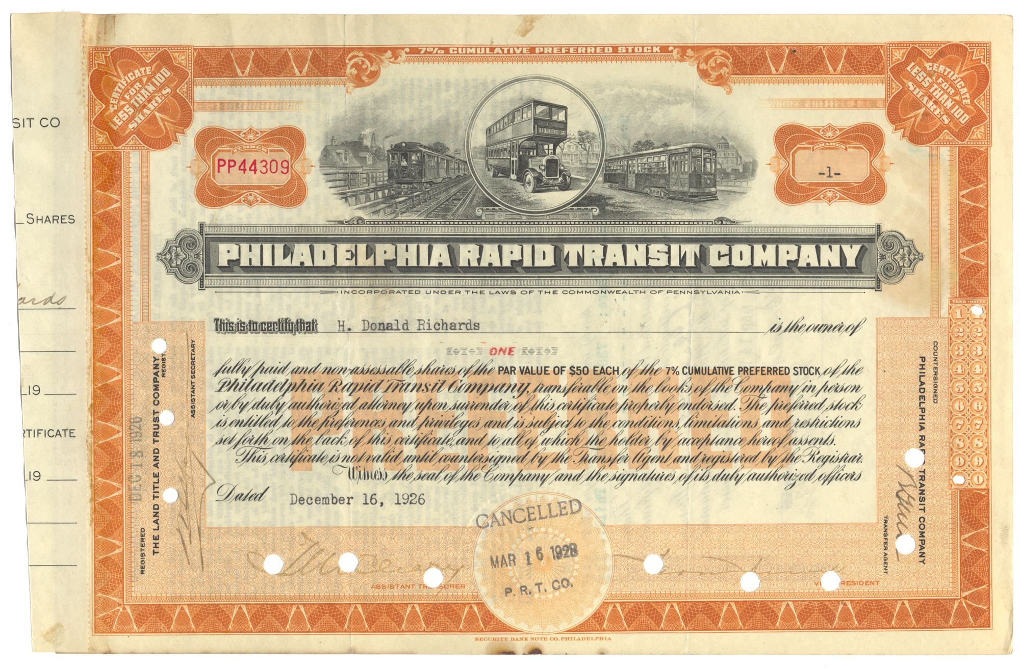 Philadelphia Rapid Transit Company stock certificate with train and bus  illustrations from 1926