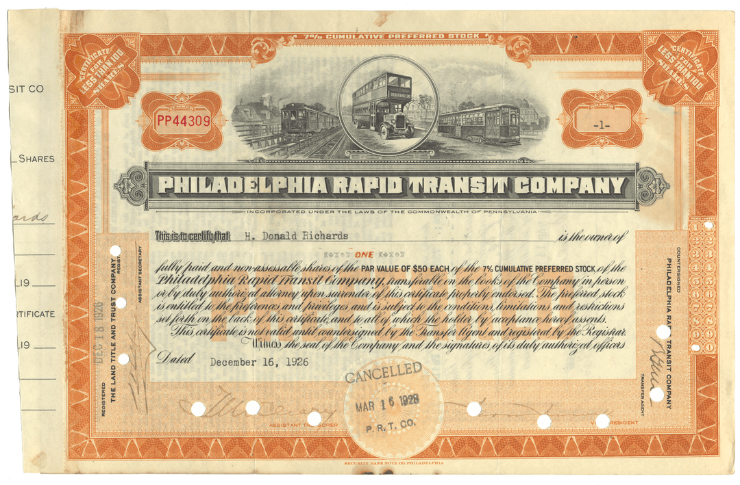 Philadelphia Rapid Transit Company stock certificate with train and bus  illustrations from 1926